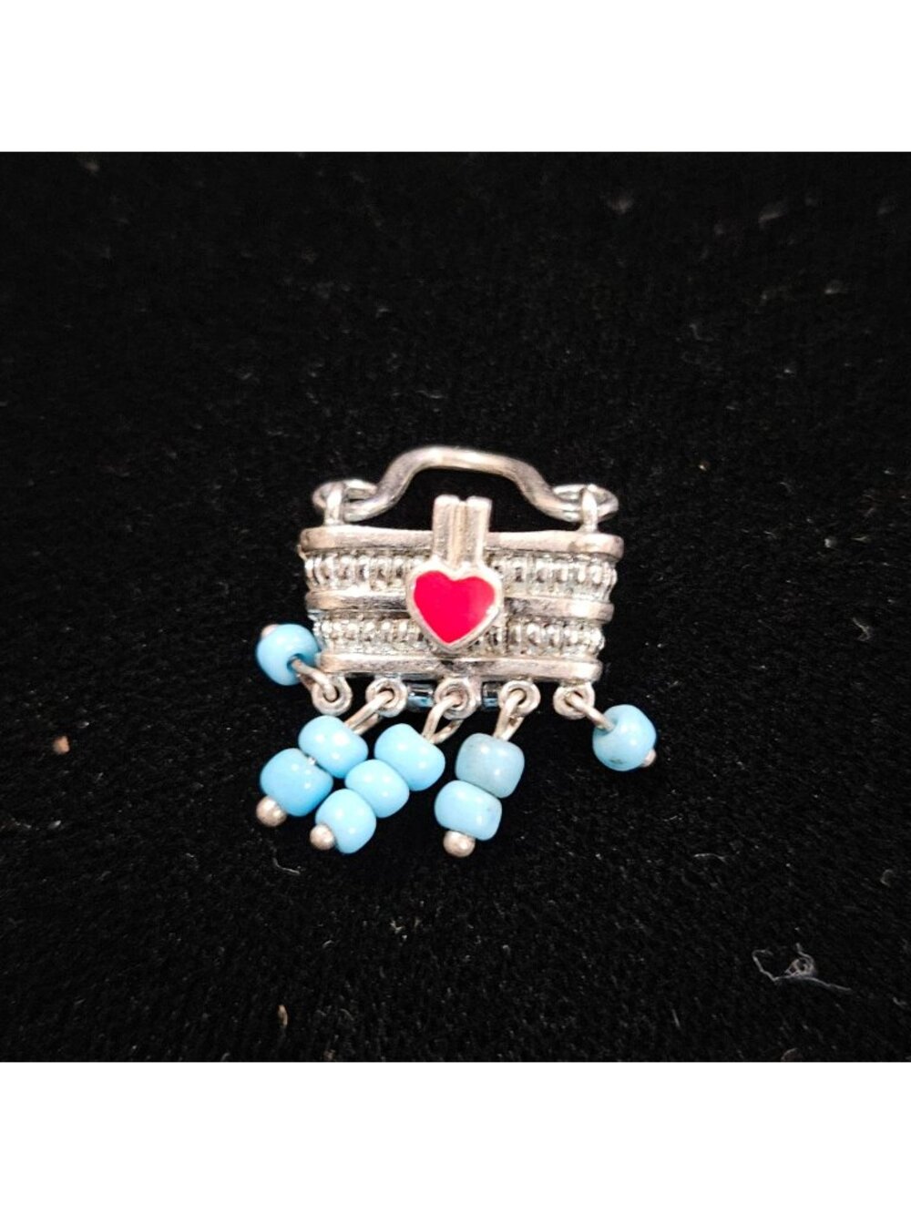 Tiny Silver Purse Charm With Red Heart and Blue Beads Basket Shape